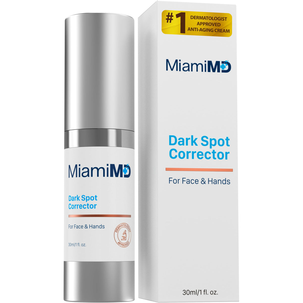 MiamiMD Dark Glow Renewal Serum bottle closeup showing premium packaging and brightening focus.