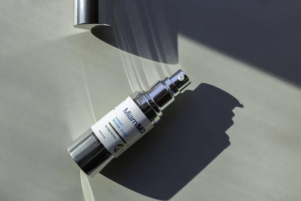 MiamiMD Instant Wrinkle Eraser packaging illustrates compact travel-friendly bottle