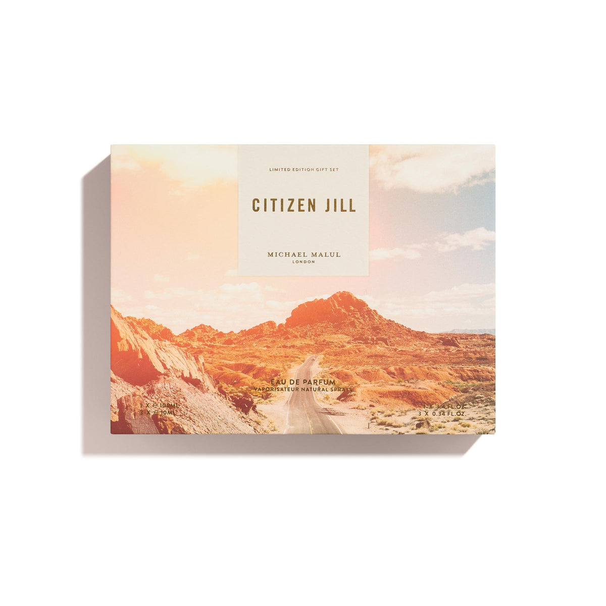 Michael Malul Citizen Jill gift set shows full 100 ml bottle with three travel sizes for gifting.