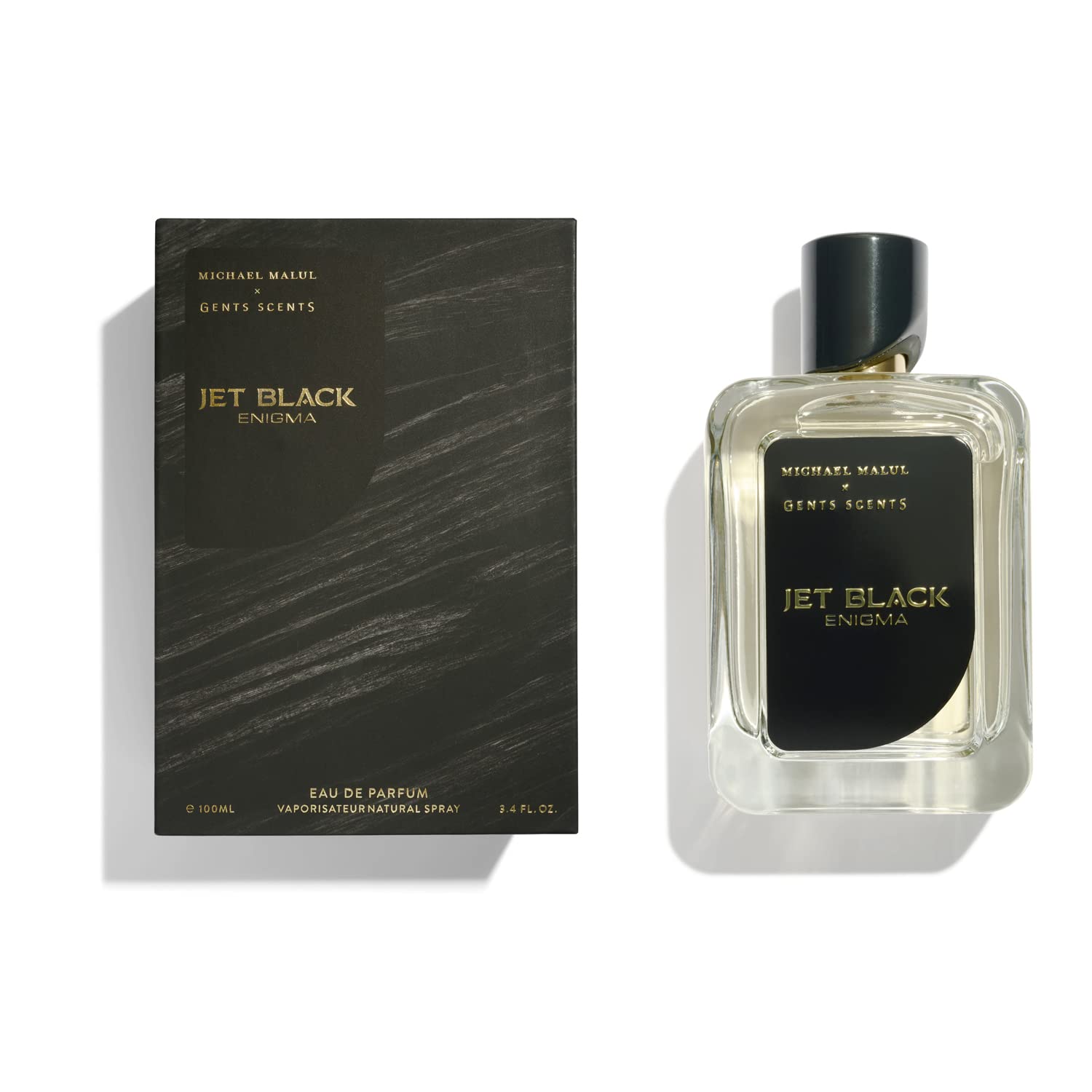 Jet Black Enigma bottle profile highlighting sleek design and lines.