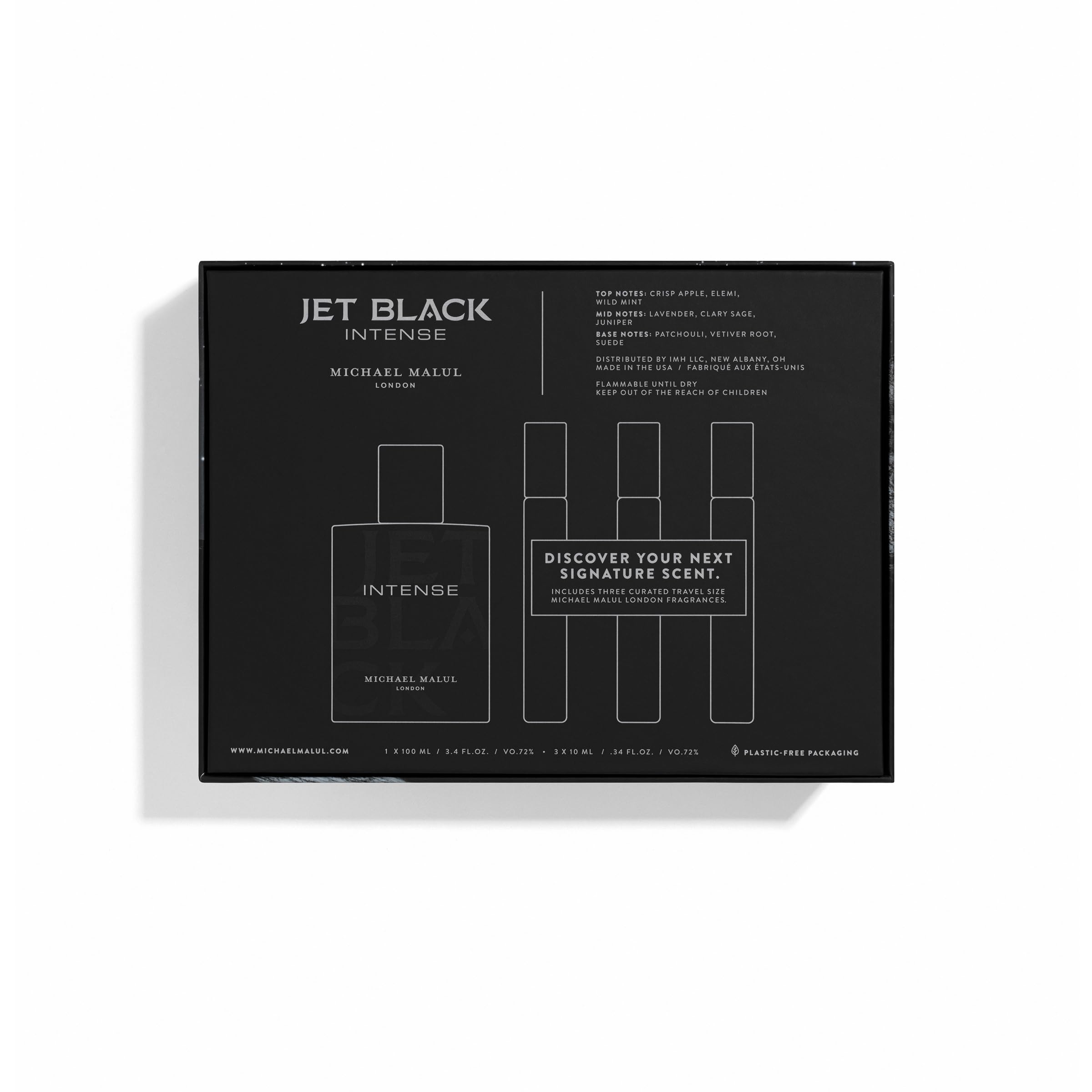 Michael Malul Jet Black Intense travel bottles showing compact elegance and portability