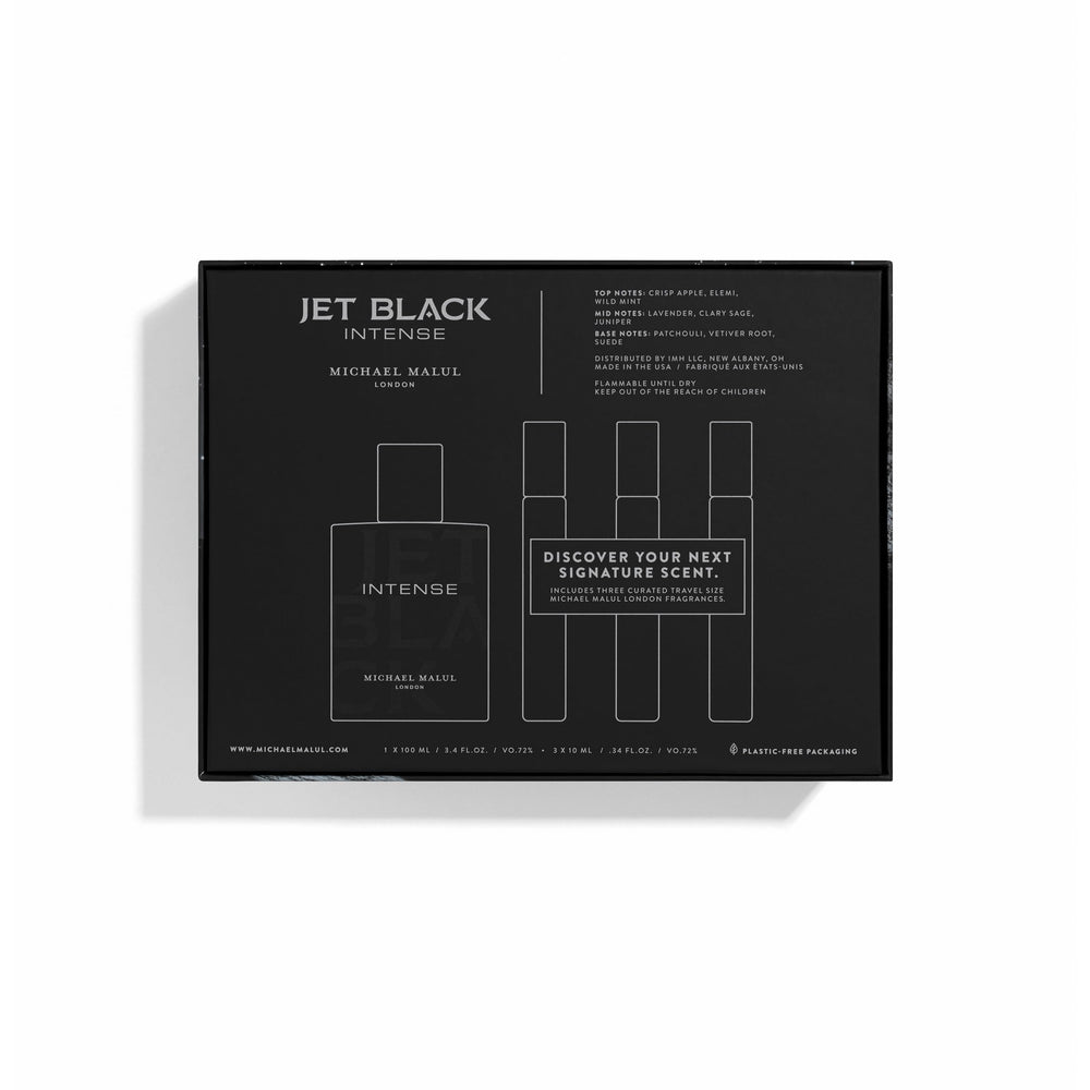 Michael Malul Jet Black Intense travel bottles showing compact elegance and portability