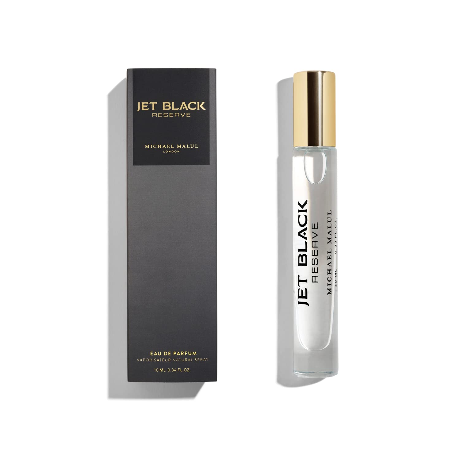 Michael Malul Jet Black Reserve bottle front signals a bold evening fragrance for confident outings.