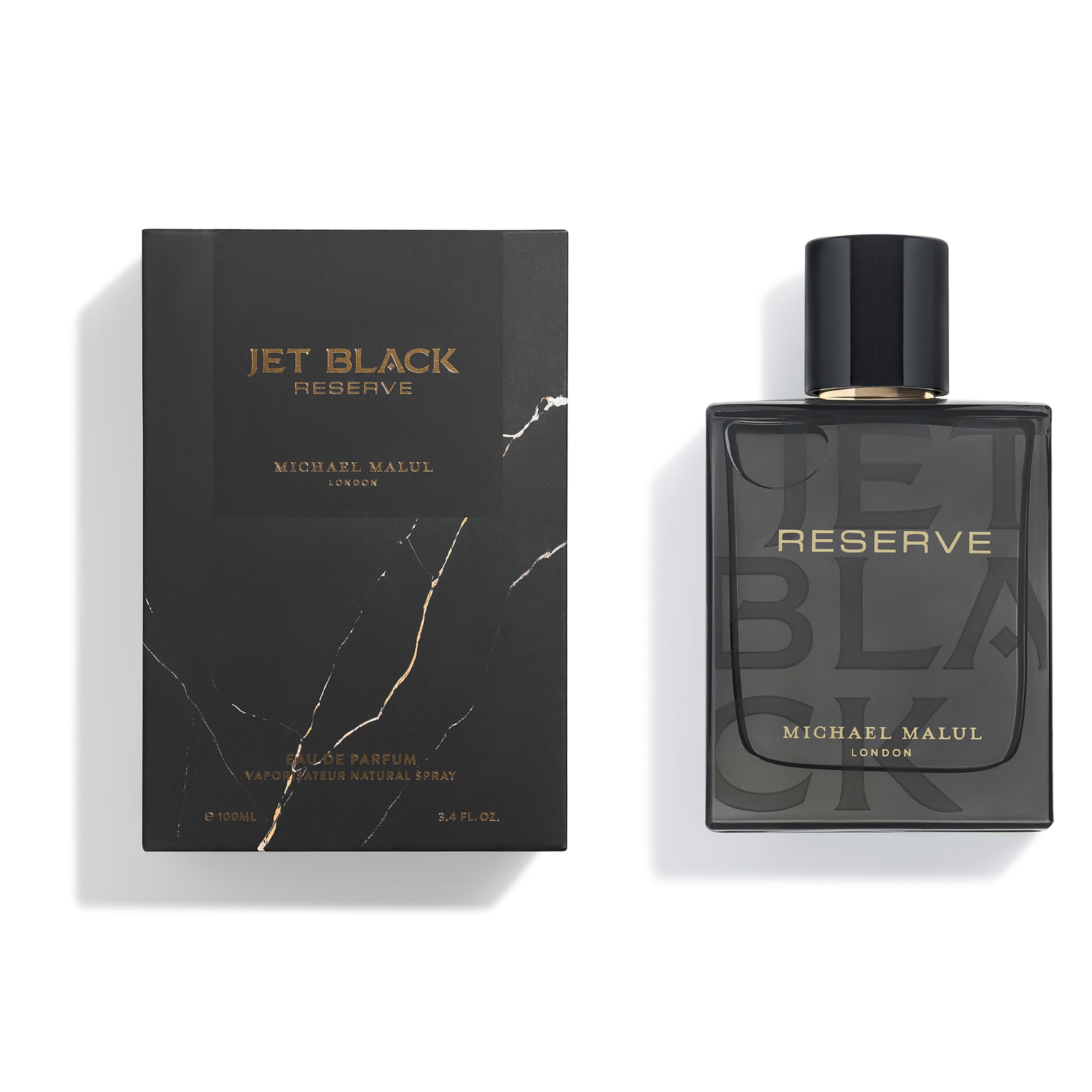 Michael Malul Jet Black Reserve bottle back view highlights sleek silhouette.