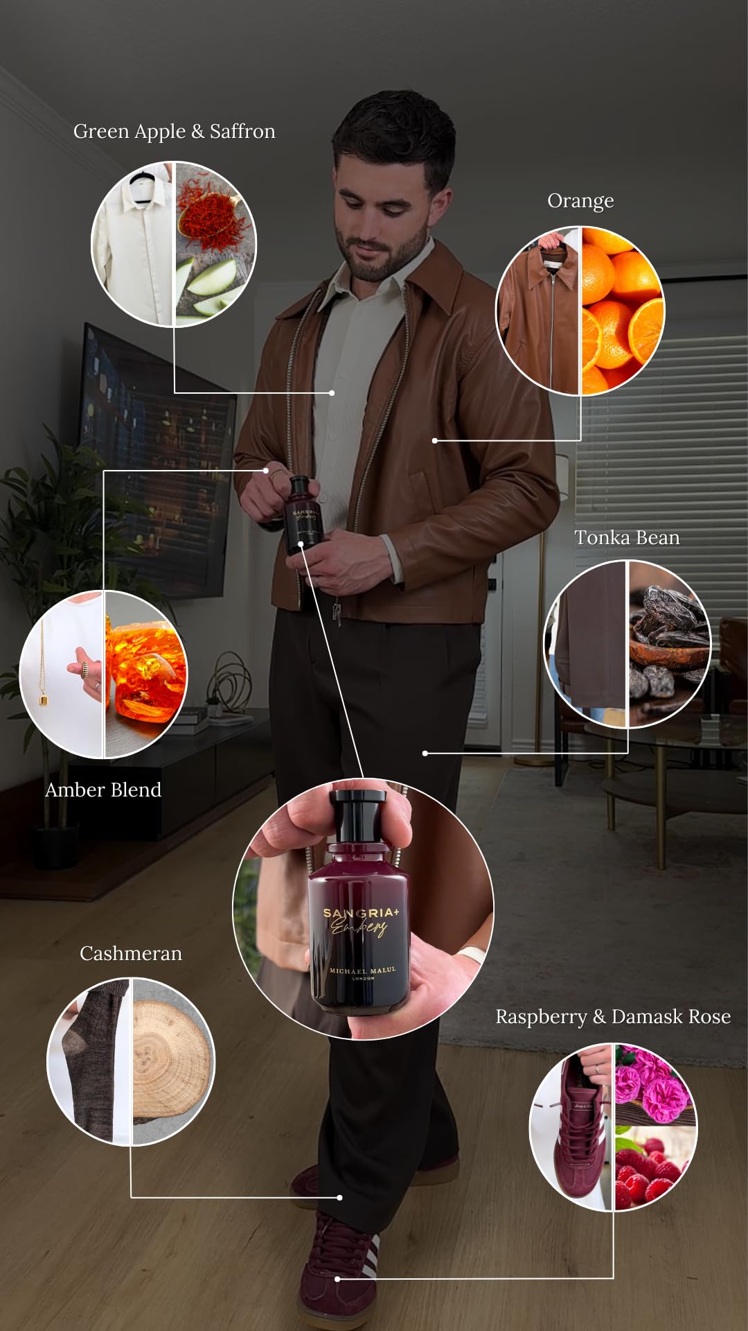 Michael Malul Sangria+Embers amber-spice accents for warm mood.