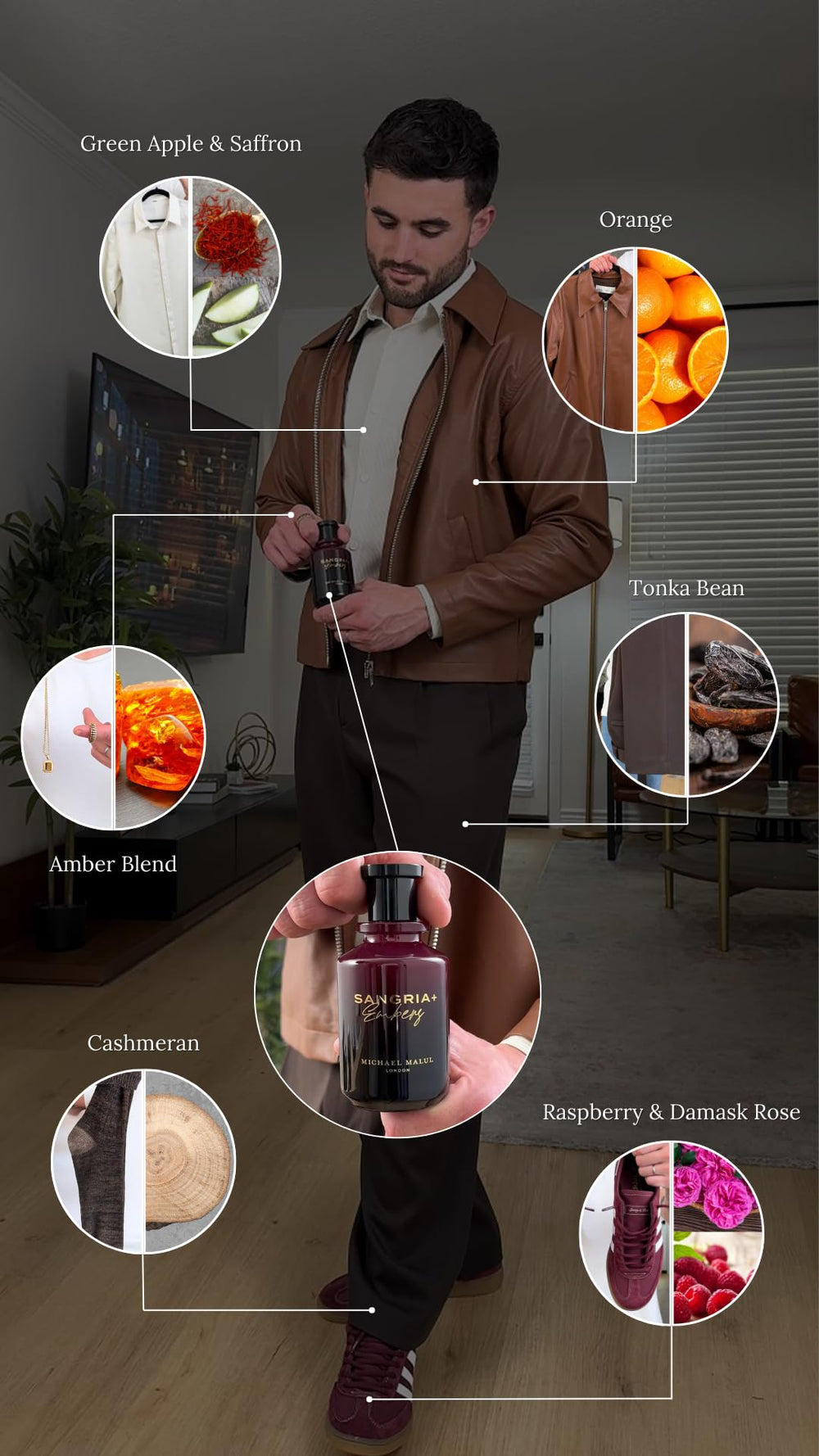 Michael Malul Sangria+Embers amber-spice accents for warm mood.