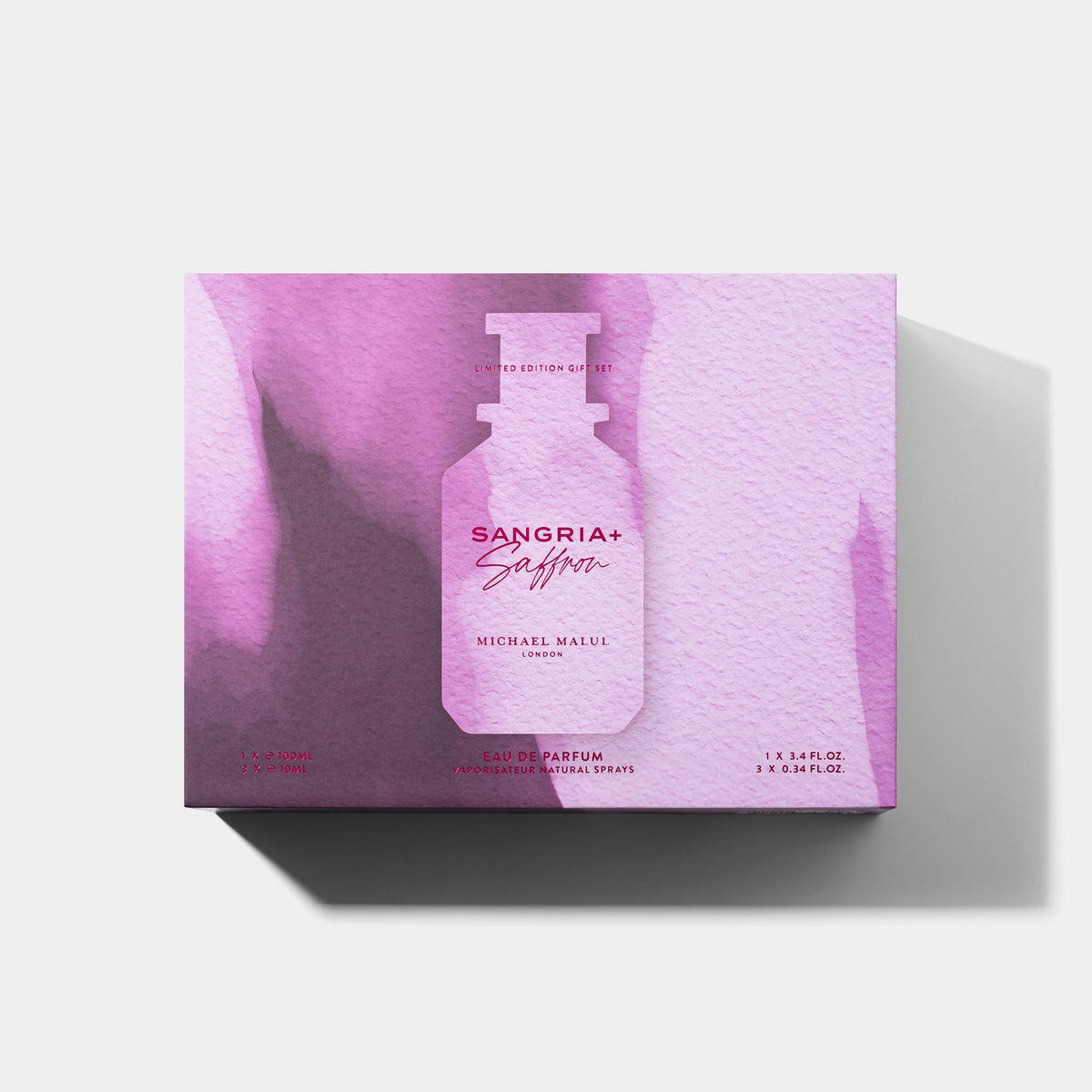 Michael Malul Sangria + Saffron bottle close-up for elegant evening wear.