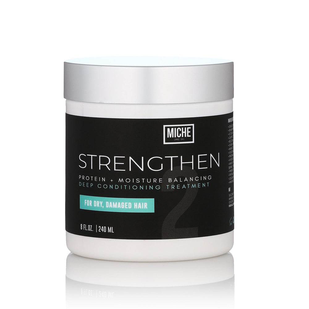 Miche Beauty Strengthen Protein Deep Conditioner bottle on shelf supports curl hydration