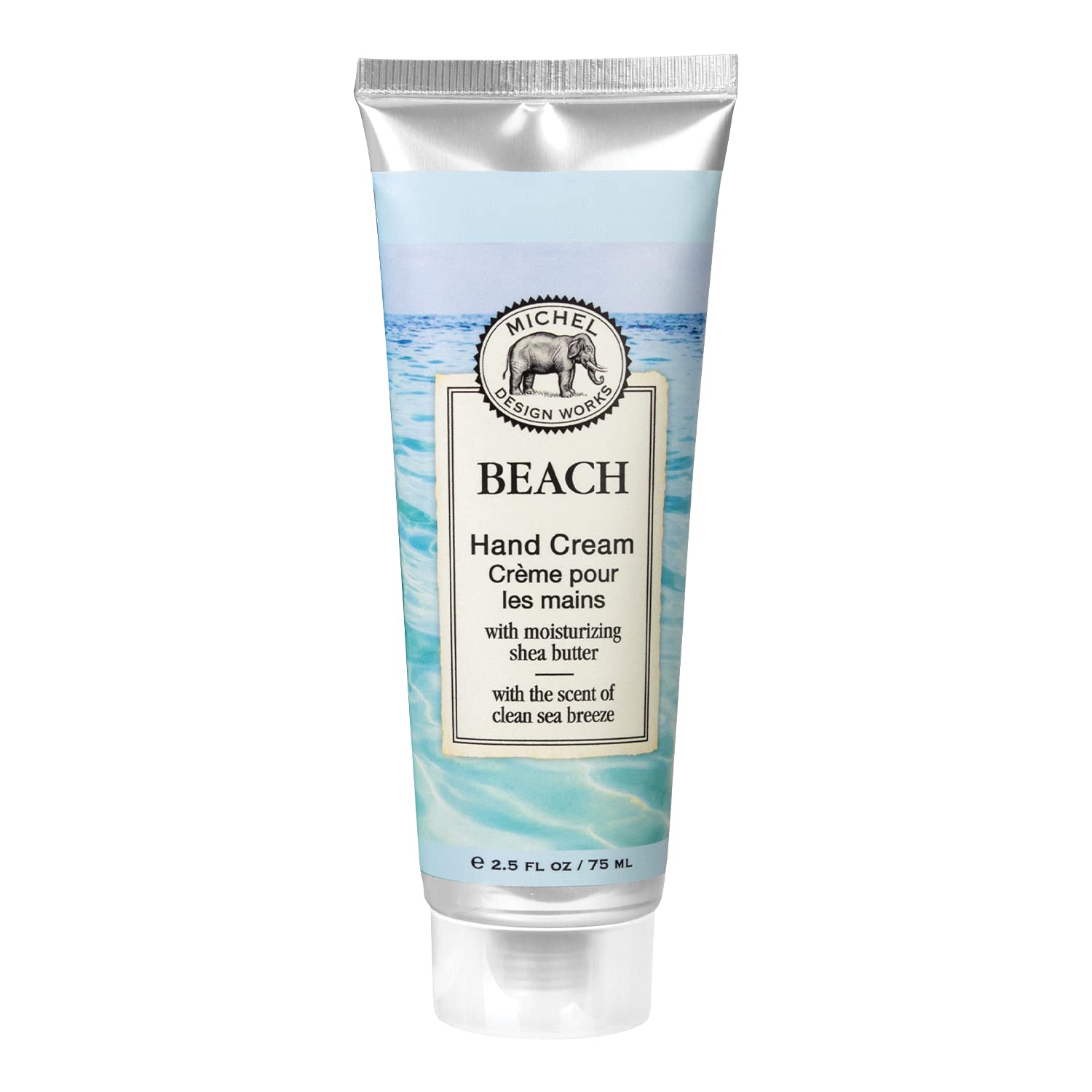 Close-up of the Beach hand cream label highlighting bergamot amber watermelon notes