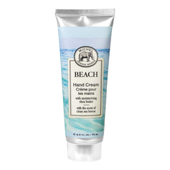 Close-up of the Beach hand cream label highlighting bergamot amber watermelon notes