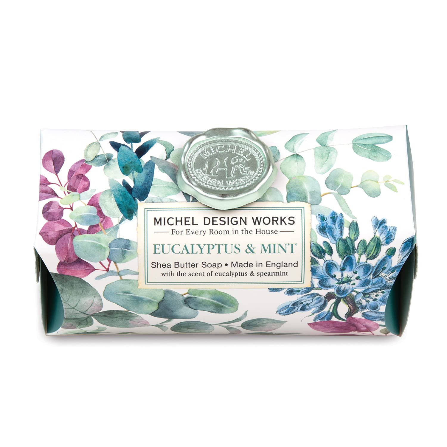 Michel Design Works Eucalyptus & Mint soap bar on a bathroom sink for a long-lasting clean.