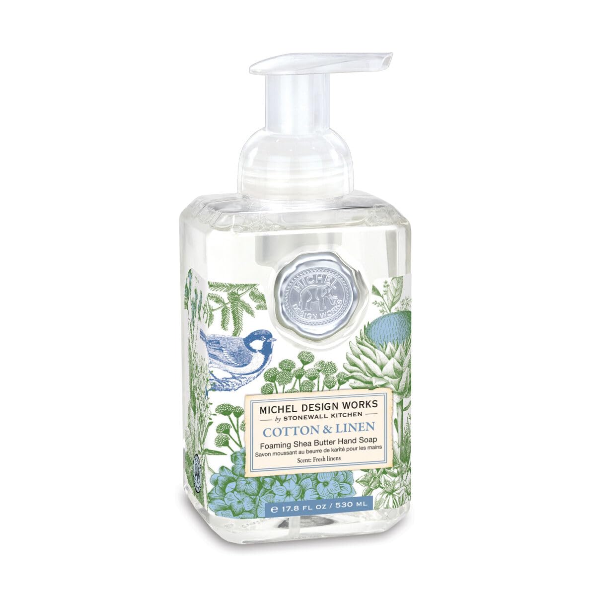 Michel Design Works foaming hand soap in cotton linen design with pump.