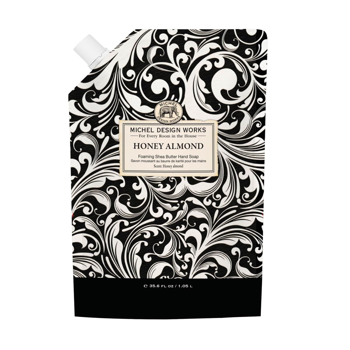 Michel Design Works Honey Almond Foaming Hand Soap Refill label highlighting USA-made quality.