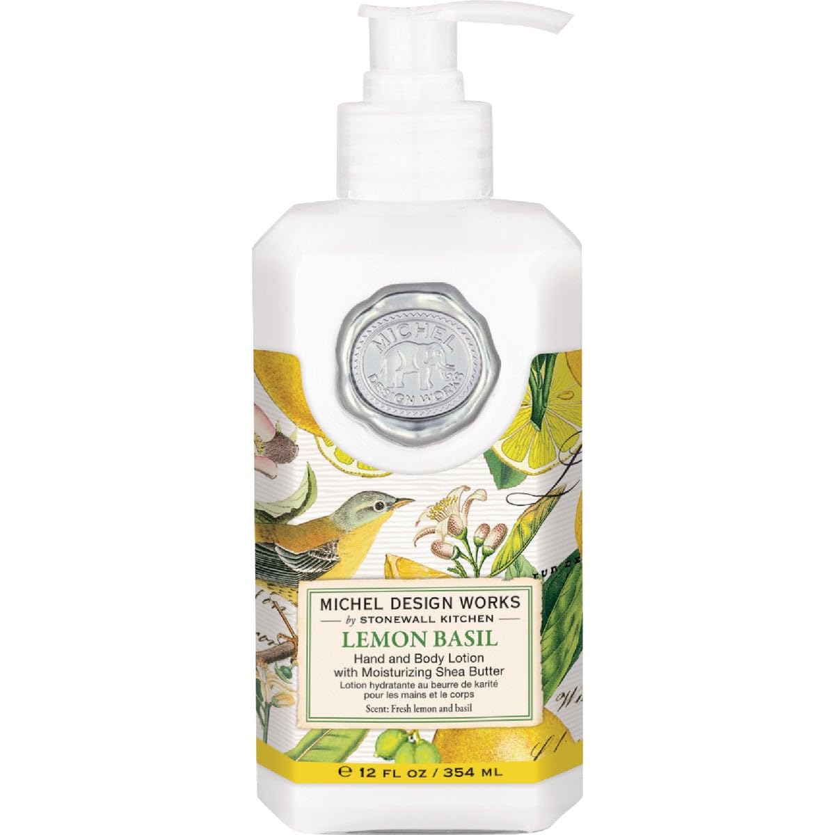 Michel Design Works Lemon Basil lotion bottle providing hydration for hands and body