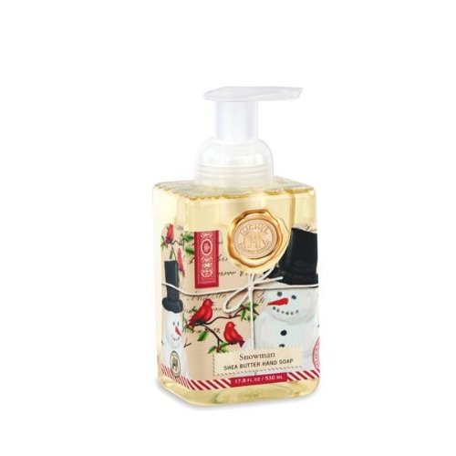 Michel Design Works Snowman foaming hand soap bottle with gentle cleansing and moisturizing for holiday hands.