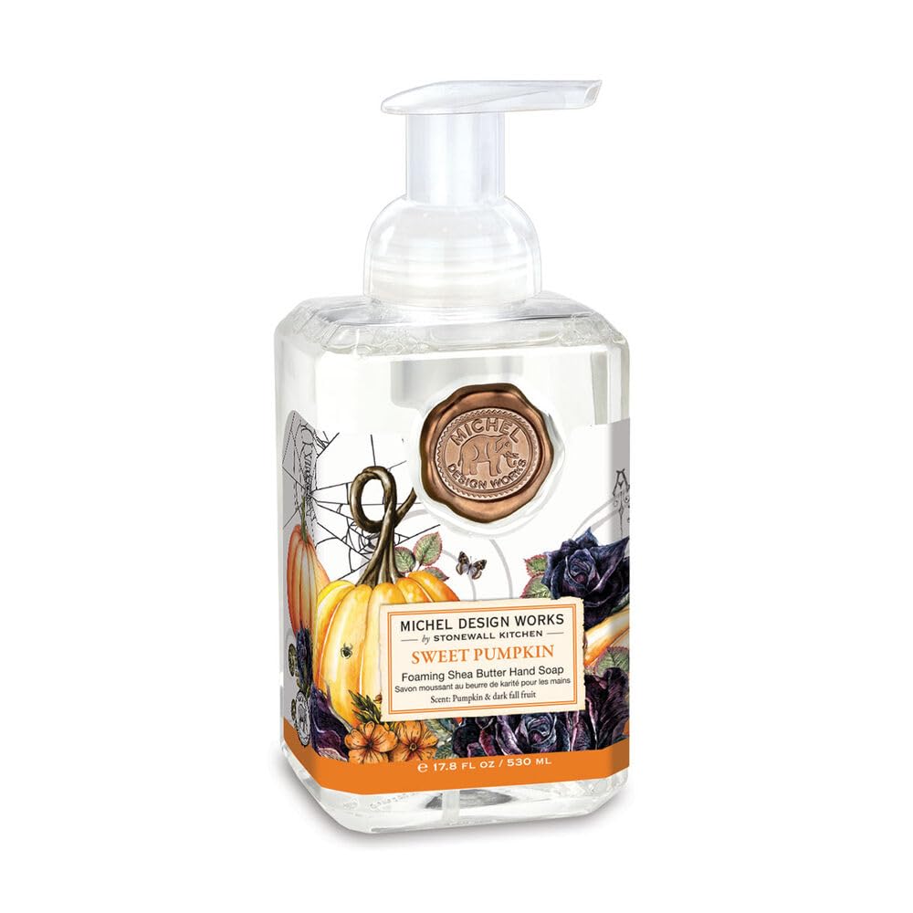 Michel Design Works Sweet Pumpkin foaming hand soap pump dispenser highlighting elegant packaging and gentle cleansing.