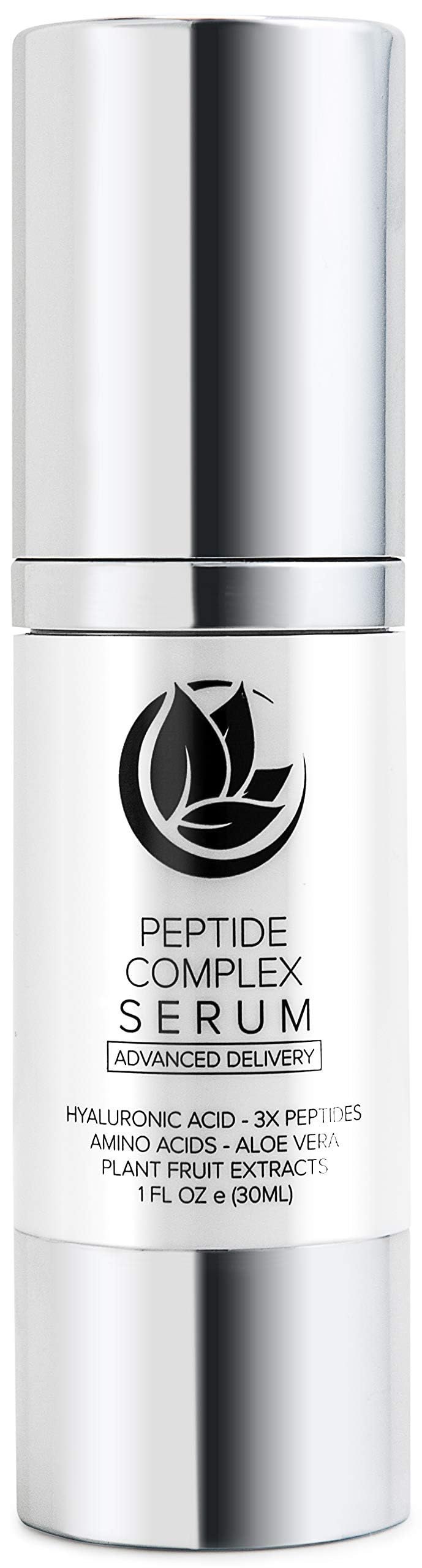 Microderm GLO Peptide Complex Serum bottle highlights natural ingredients for firmer, smoother skin
