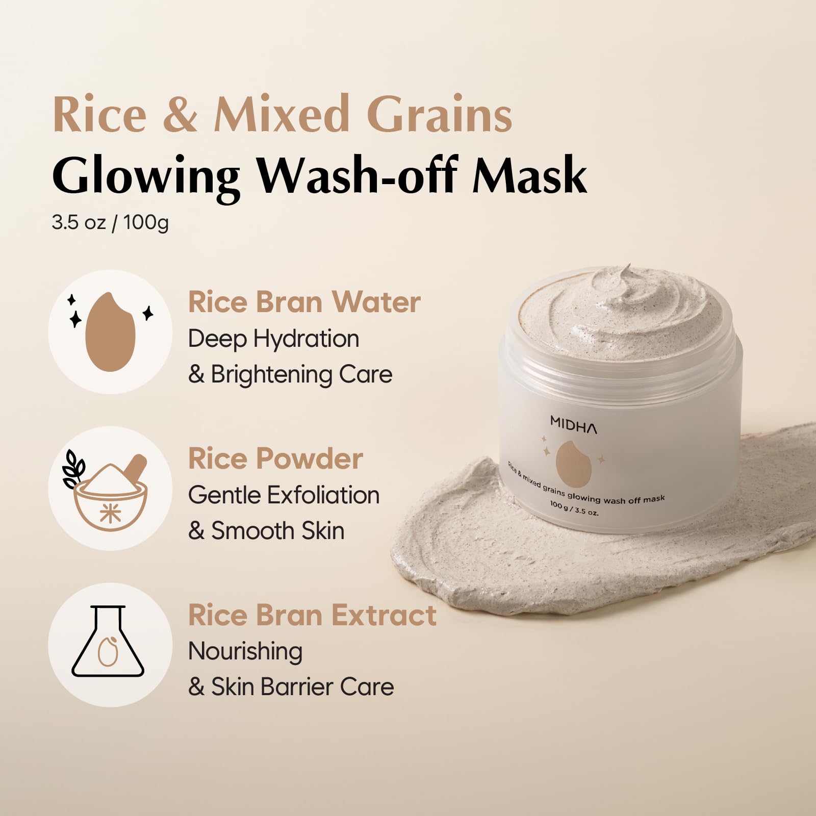 Midha Glow Mask texture close-up highlights creamy base for smooth spreading.