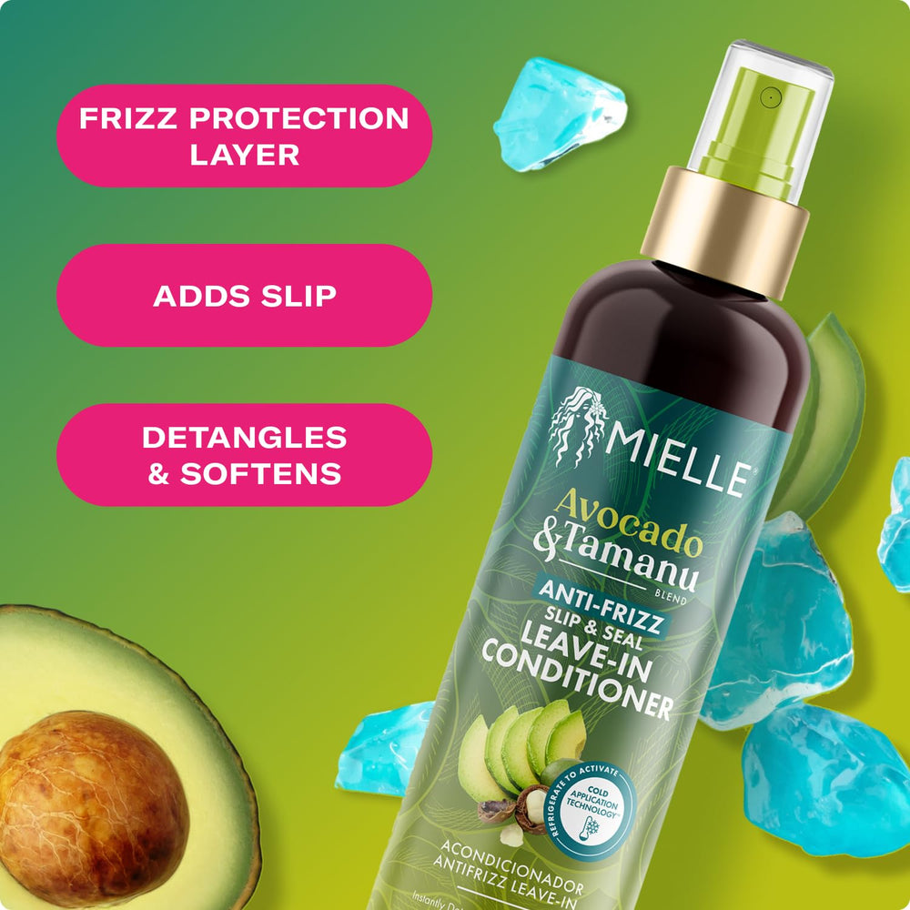 Mielle Avocado & Tamanu label closeup shows moisture-rich formula for textured hair.