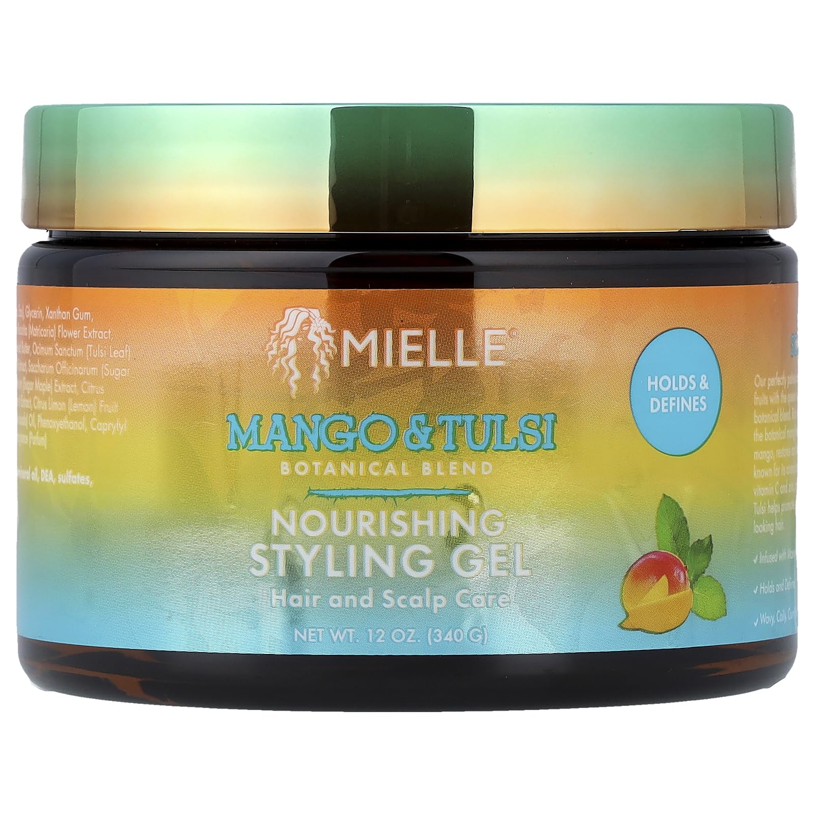 Mielle Mango Tulsi styling gel bottle delivering smooth, hydrated hair.