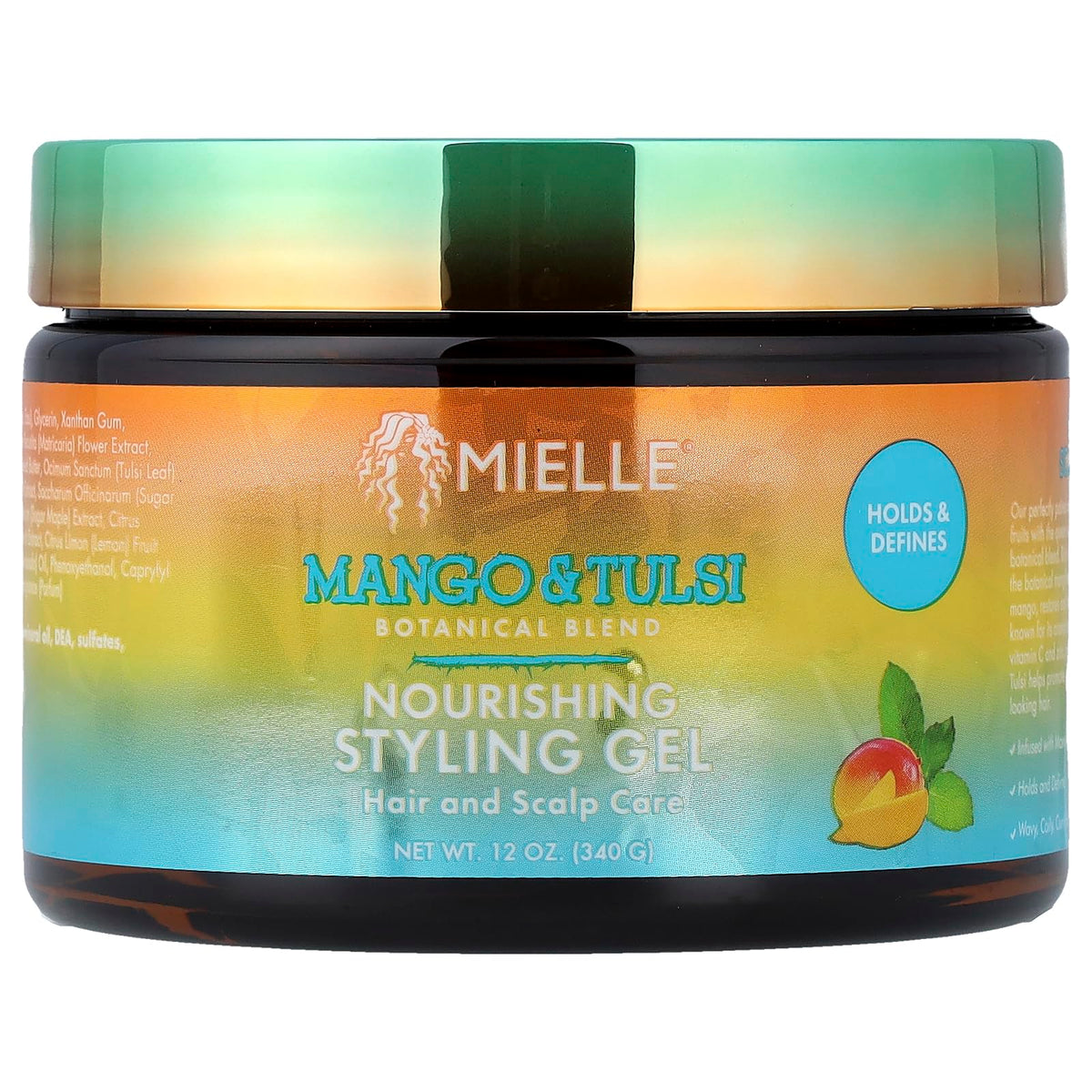 Mielle Mango Tulsi styling gel bottle delivering smooth, hydrated hair.