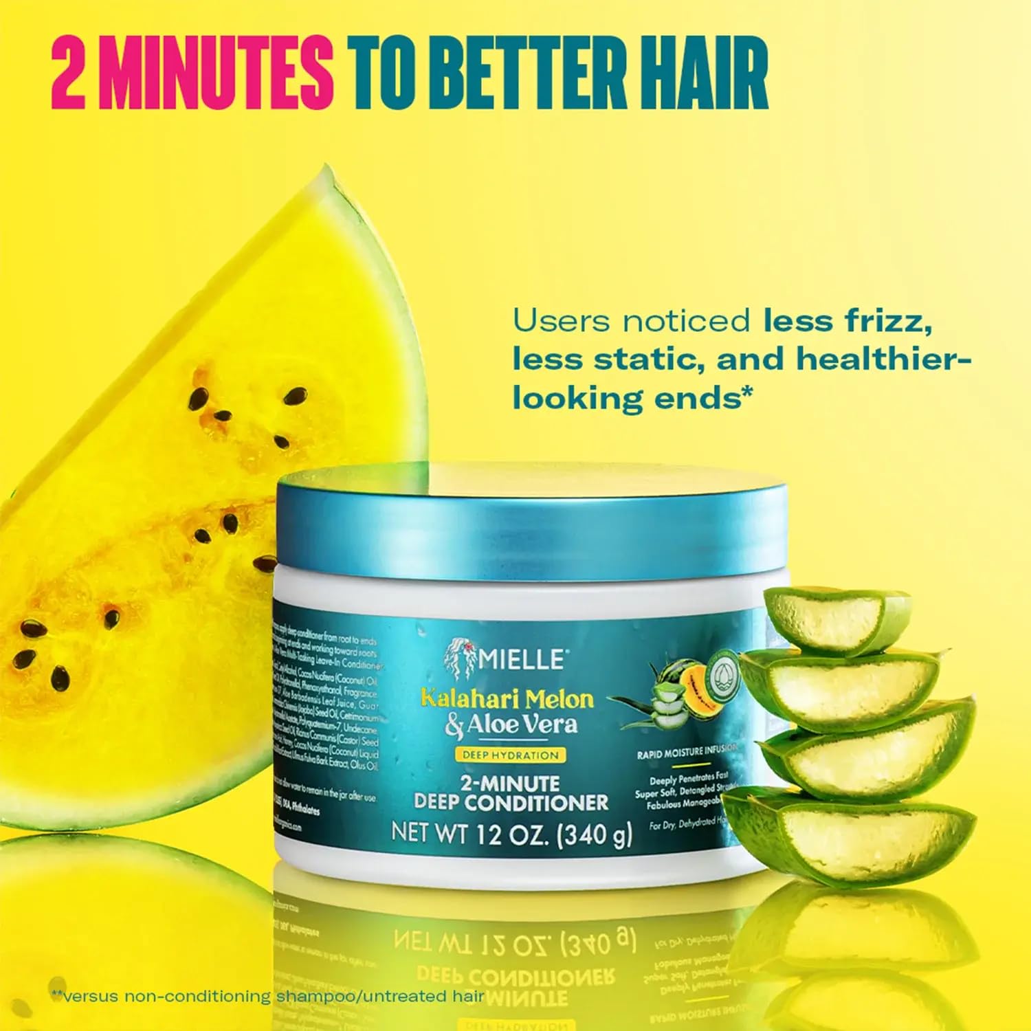 Mielle Organics ingredients label highlights Kalahari Melon and Aloe for nourishment.