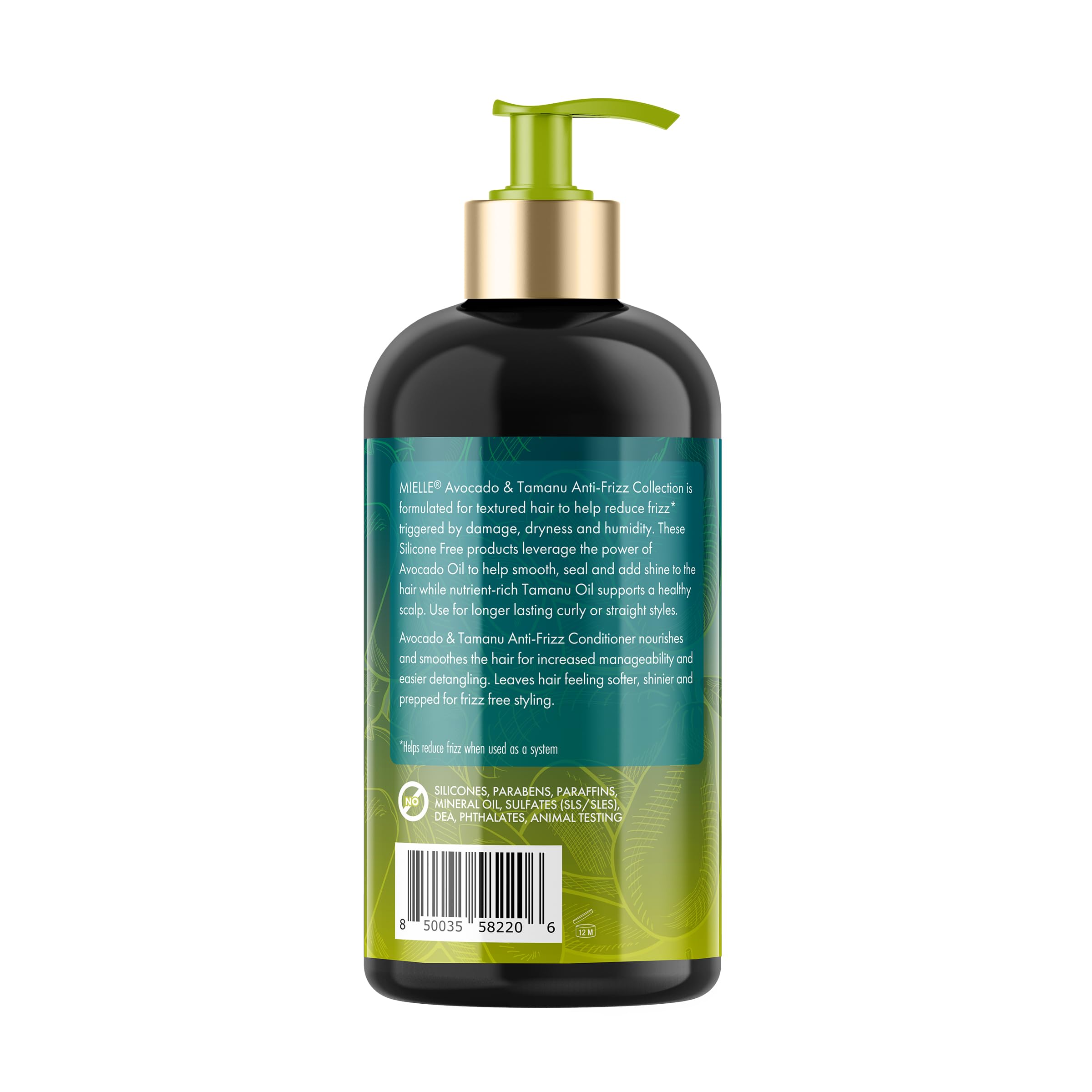 12 oz bottle of Mielle Organics Avocado and Tamanu Conditioner on counter.