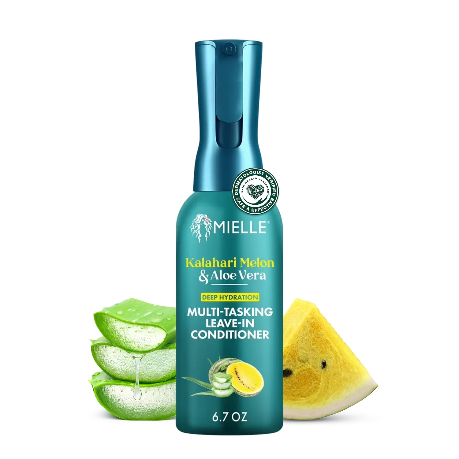 Mielle Organics Kalahari Melon & Aloe Leave-In Spray bottle applying lightweight hydration
