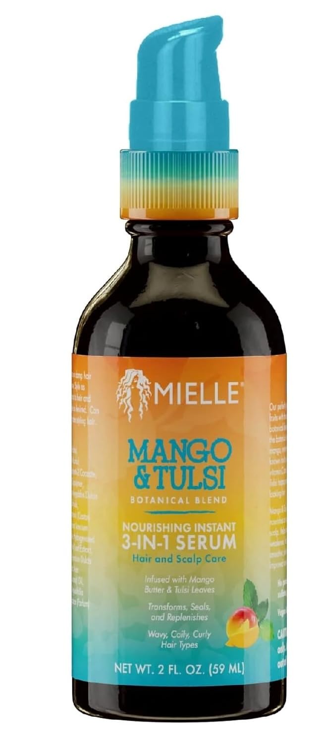 Mielle Organics Mango & Tulsi serum bottle for frizz control and moisture balance