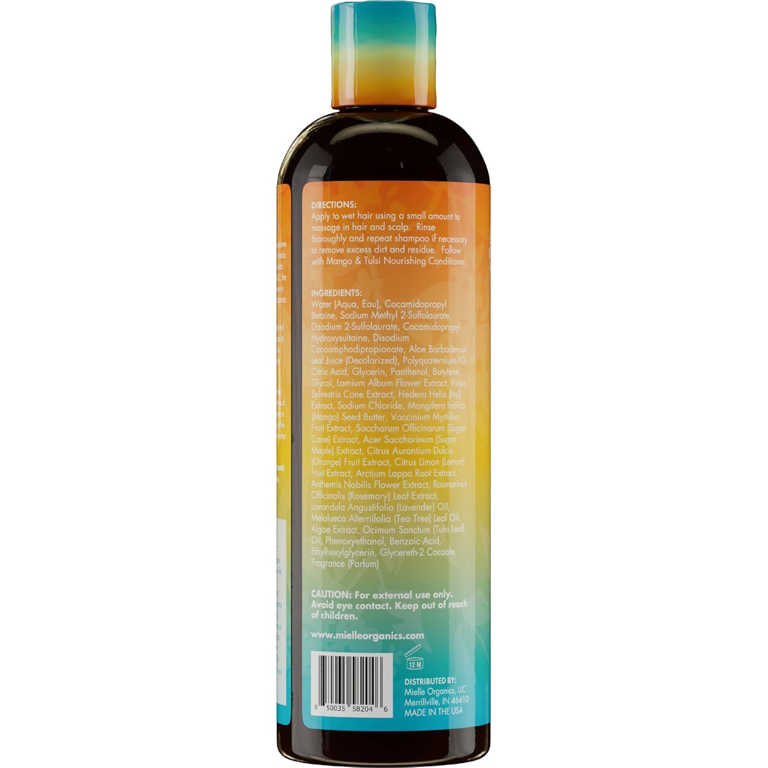 Mielle Organics Mango & Tulsi Shampoo texture highlights vegan, cruelty-free care.