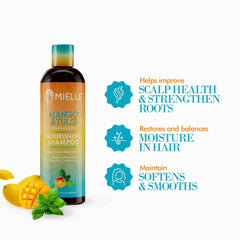 Close-up of mango-tulsi ingredients highlighting hydration and scalp care benefits.