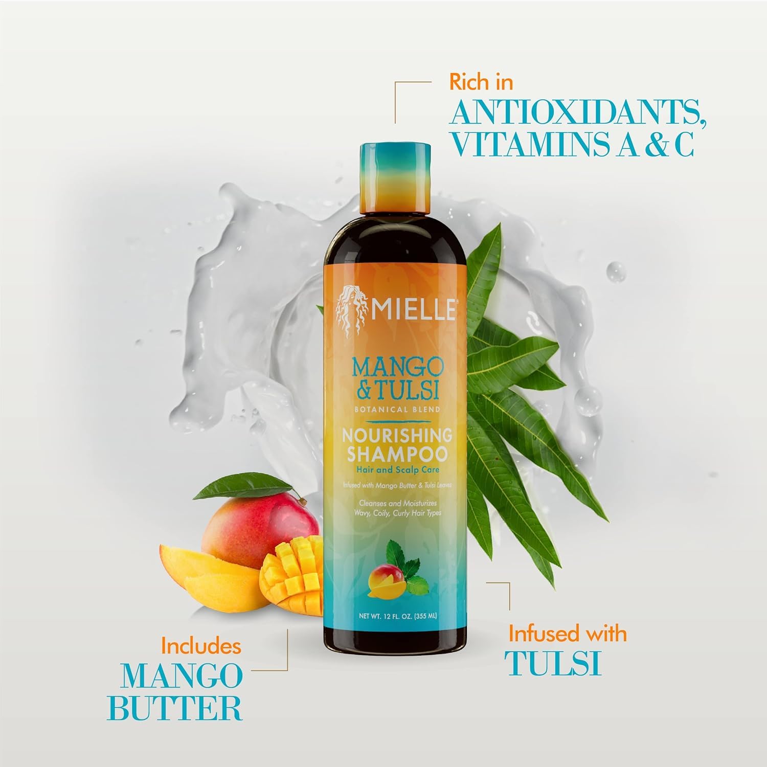 Mielle Organics Mango & Tulsi Shampoo bottle ready for daily scalp care routine.
