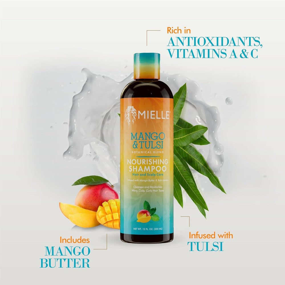 Mielle Organics Mango & Tulsi Shampoo bottle ready for daily scalp care routine.