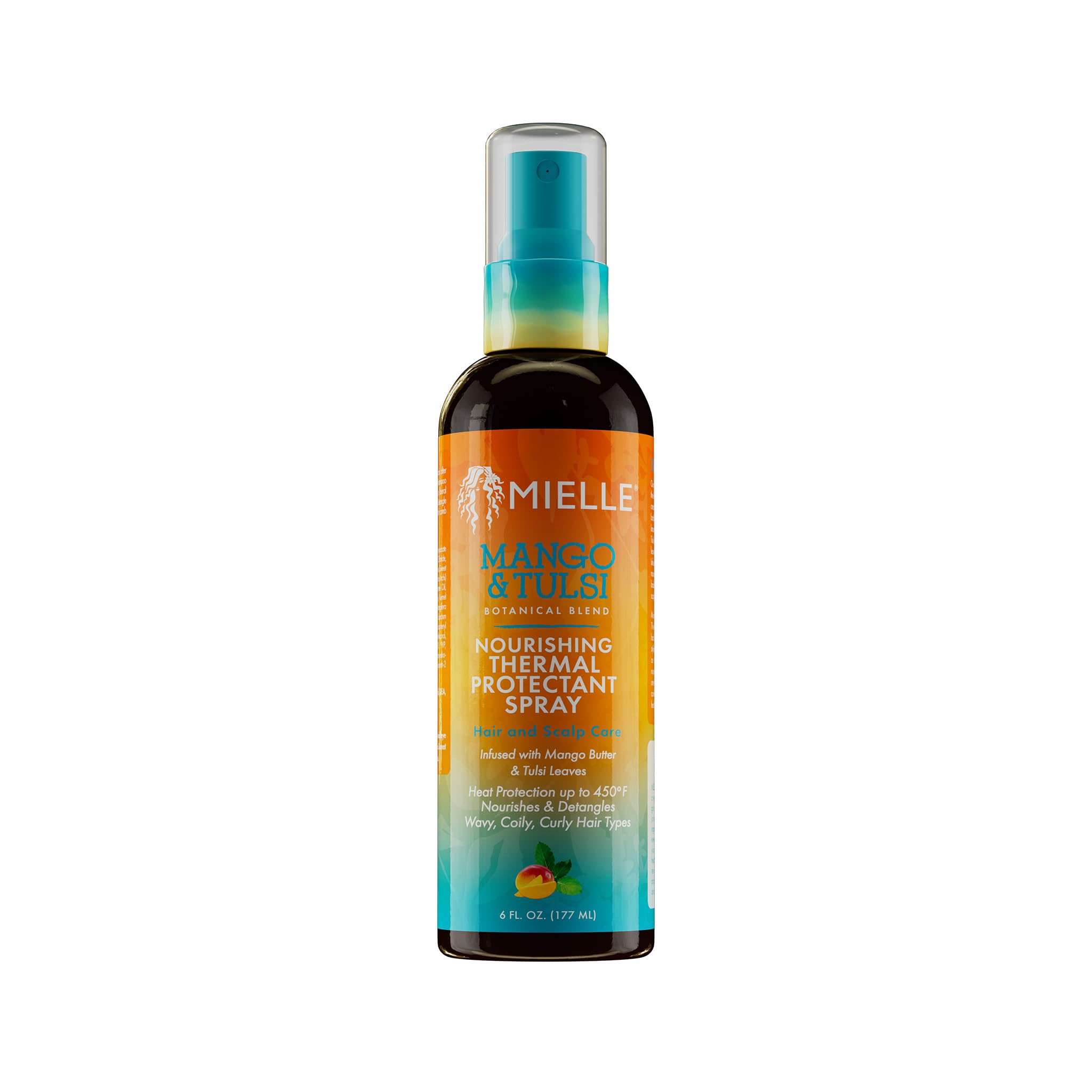 Mielle Organics Nourishing Thermal Heat Protectant Spray bottle provides heat protection and detangling benefits.
