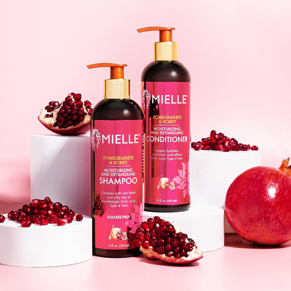 Bathroom shelf with Mielle Organics Pomegranate & Honey detangling conditioner ready for use.