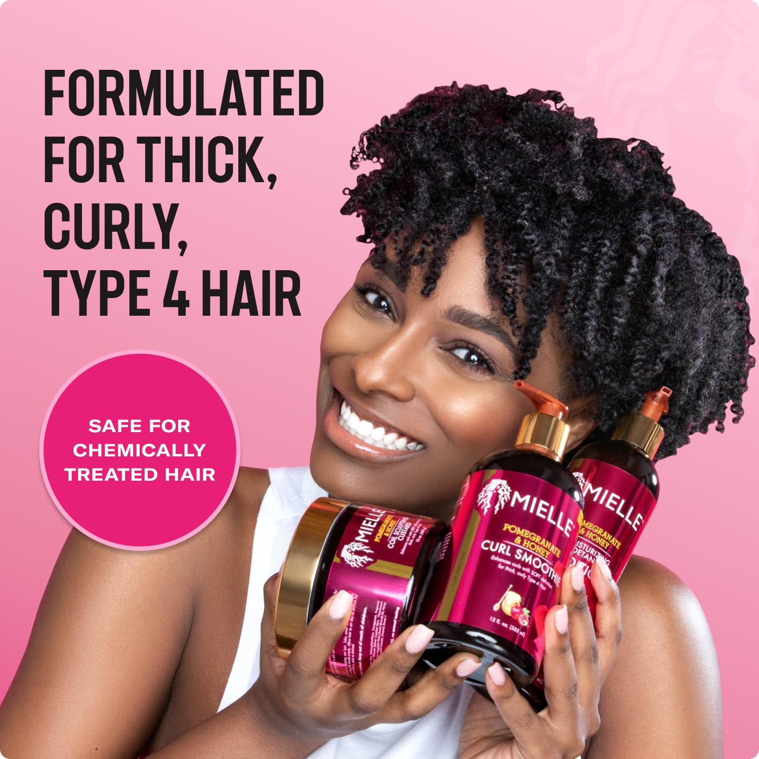Pomegranate and Honey conditioner bottle promotes smooth detangling and hydration for curls