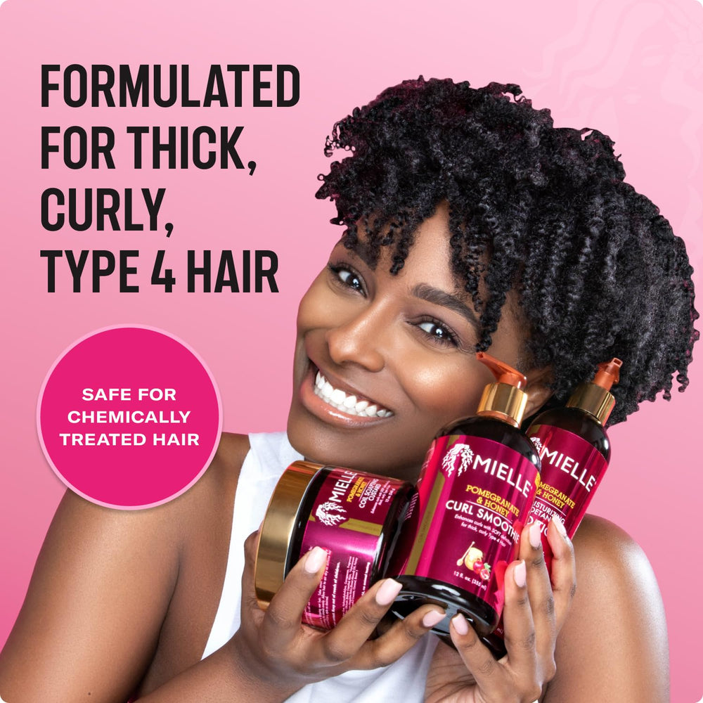 Pomegranate and Honey conditioner bottle promotes smooth detangling and hydration for curls
