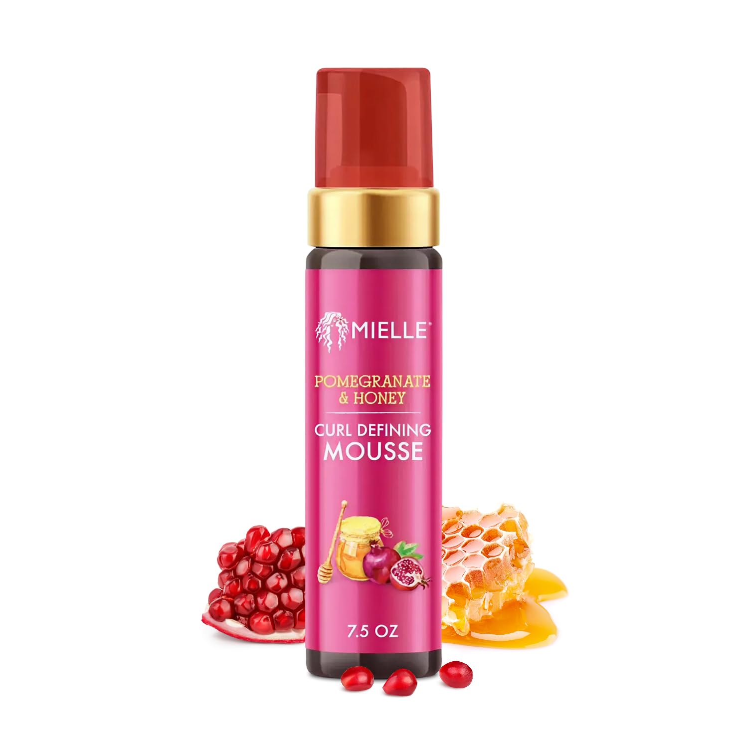 Mielle Organics Pomegranate & Honey Curl Mousse bottle highlights hold and moisture.