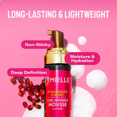 Creamy mousse on hand demonstrates smooth, non-sticky styling for curls.