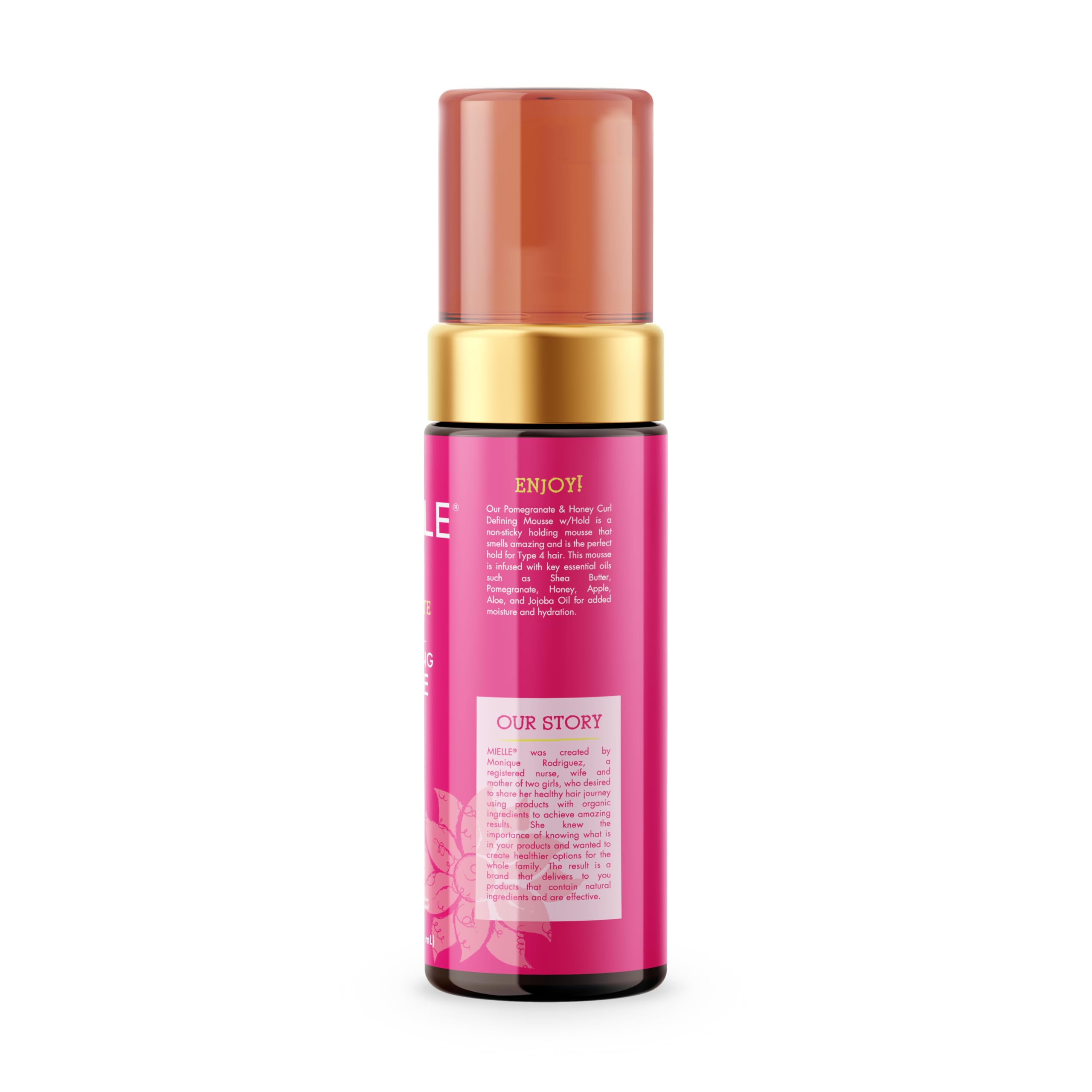 Full bottle and label emphasize pomegranate and honey benefits for curls.