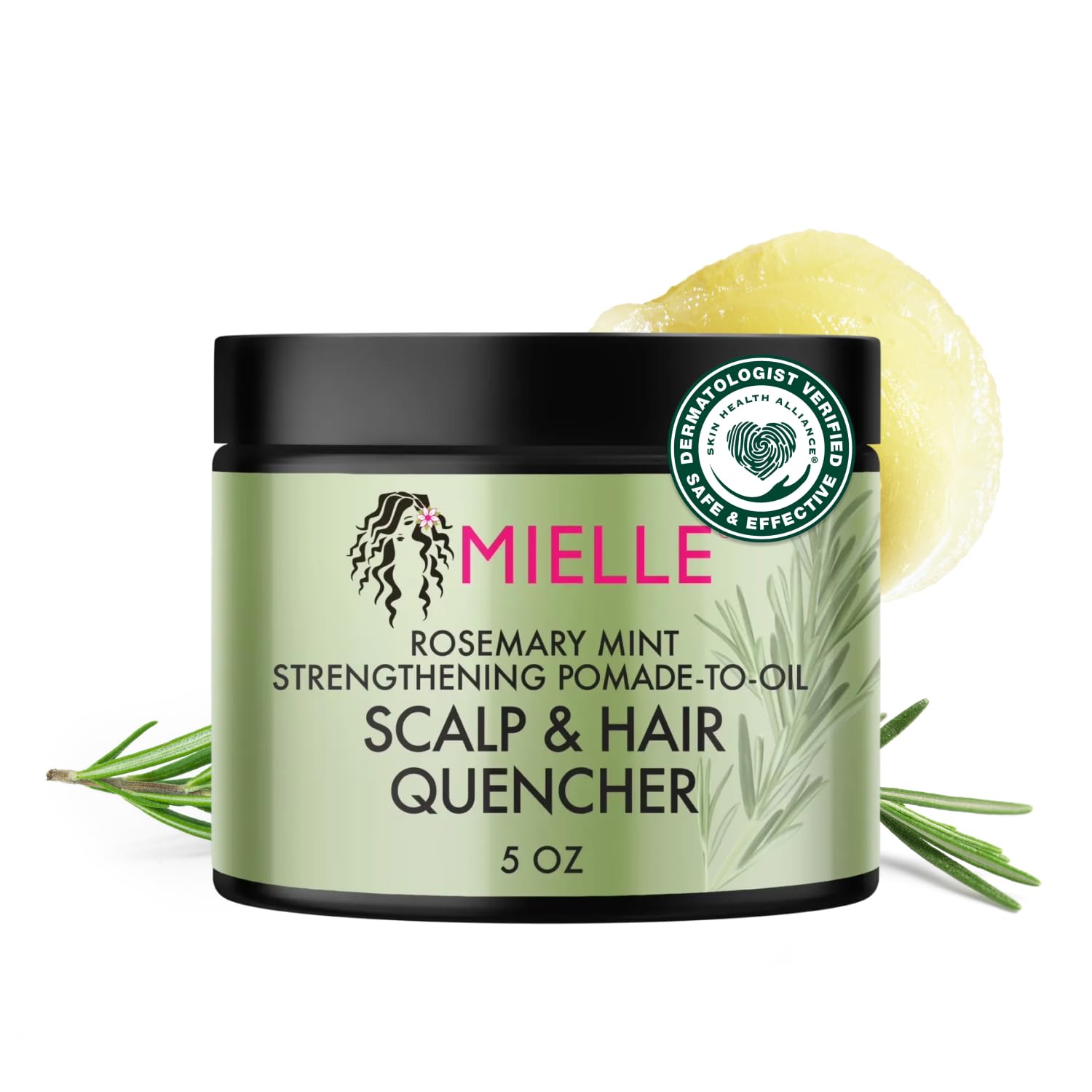 Mielle Organics Rosemary & Mint Hair Pomade bottle showing packaging with moisture-boosting promise.