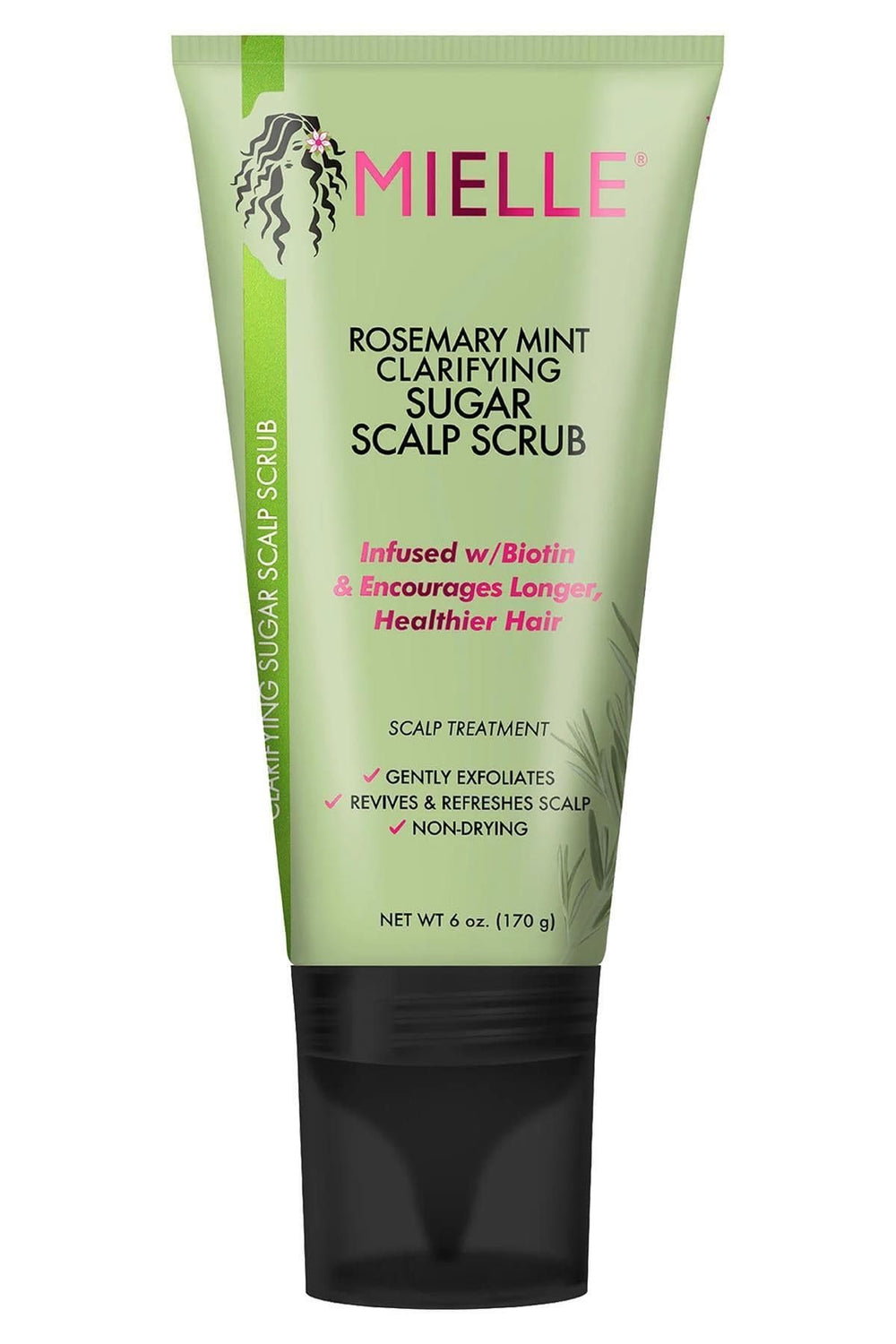 Mielle Organics Rosemary & Mint Sugar Exfoliating Scrub bottle for a refreshing scalp cleanse before washing