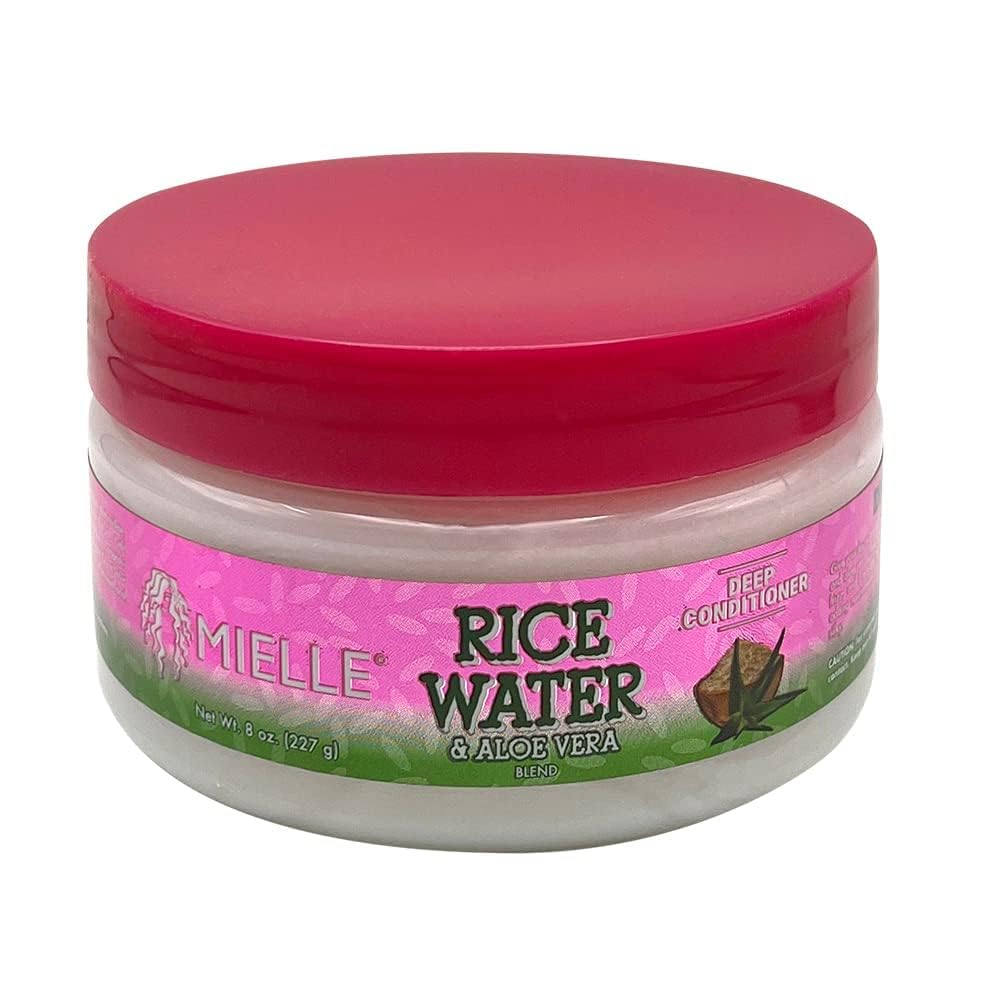 Mielle Rice Water Aloe Deep Conditioner bottle promotes silky, hydrated hair