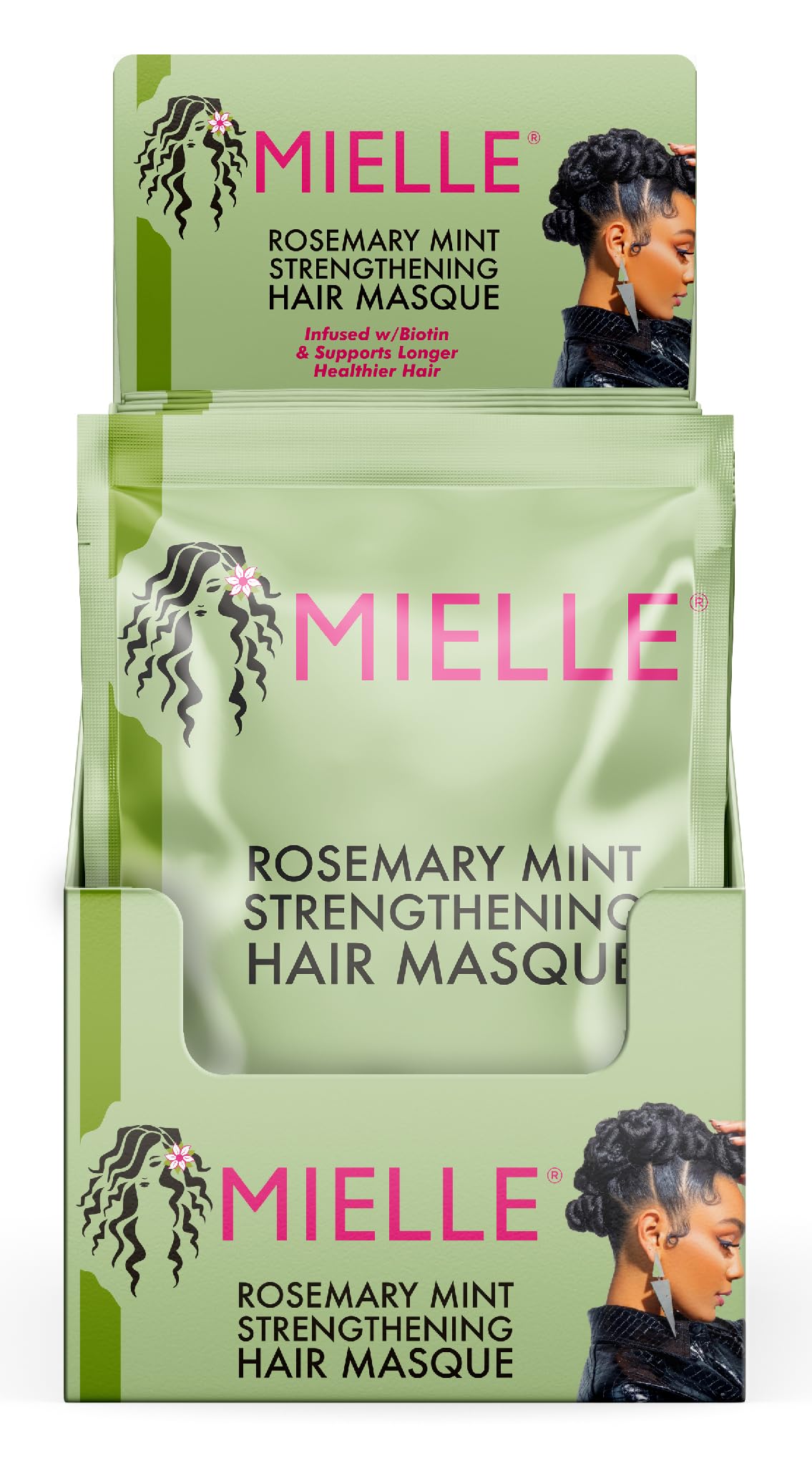 Mielle Rosemary Mint Strengthening Masque bottle with biotin for healthier hair.