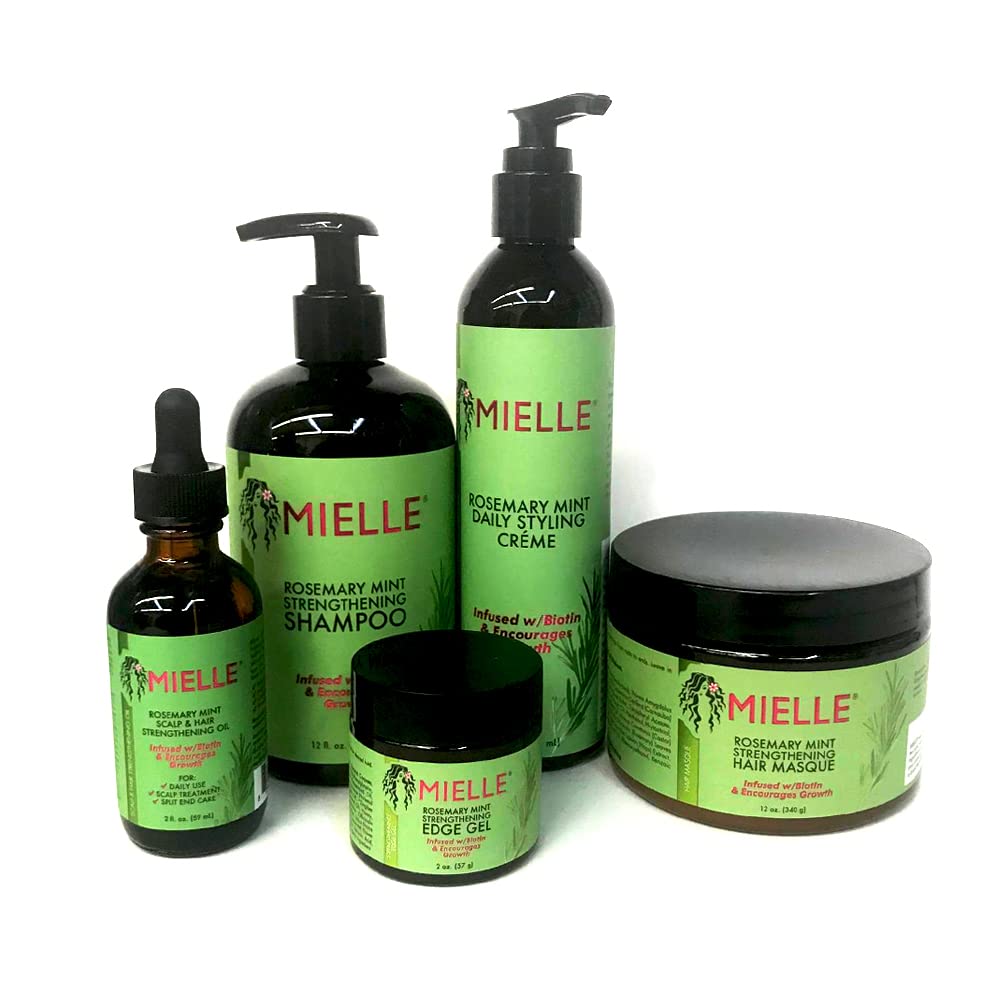 Mielle Rosemary Mint Strengthening Shampoo bottle refreshing hair with a minty cleanse and vitality.