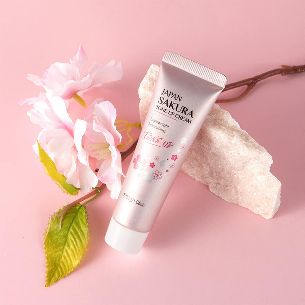 MIESCHER Sakura Tone-Up Cream on skin, natural glow appearing.