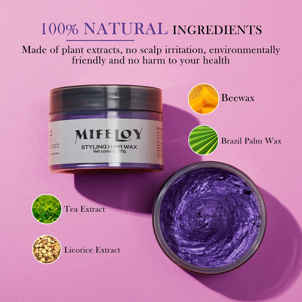 Mifeloy purple-wax styling texture close-up highlighting flexible hold.