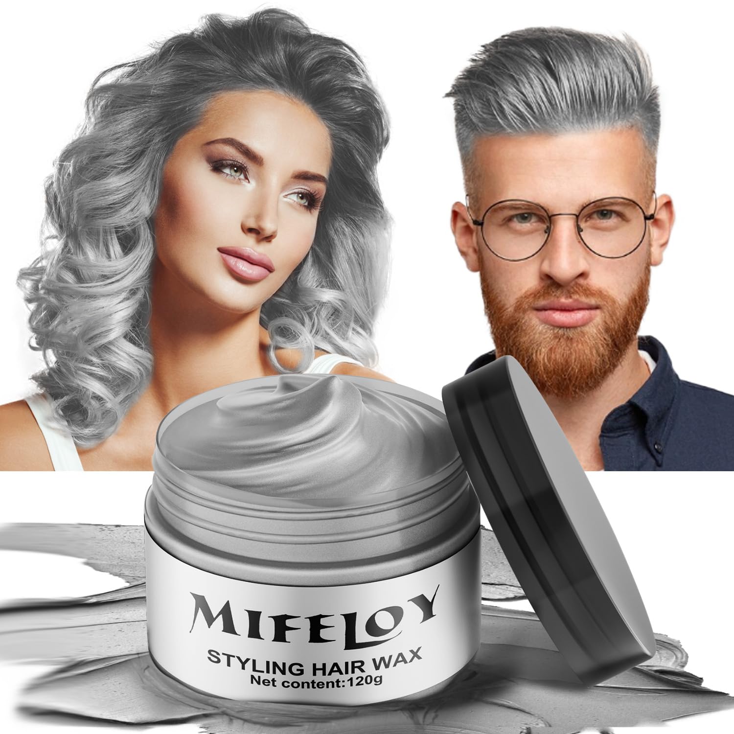 Mifeloy Silver Gray temporary hair color wax in a jar for instant styling.