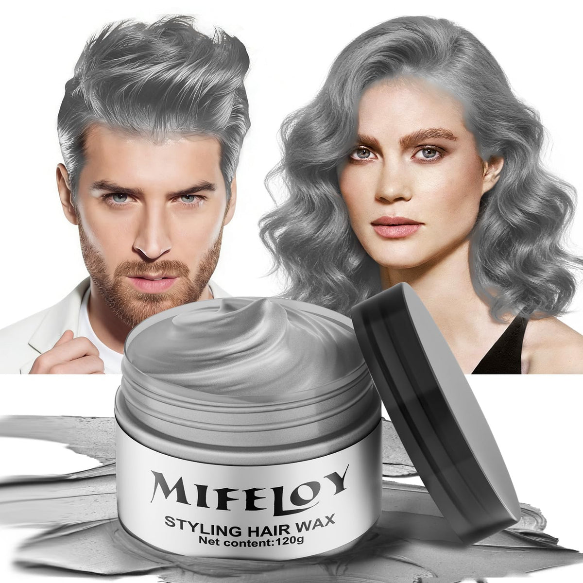 Mifeloy temporary silver gray hair wax packaging for easy at-home styling.
