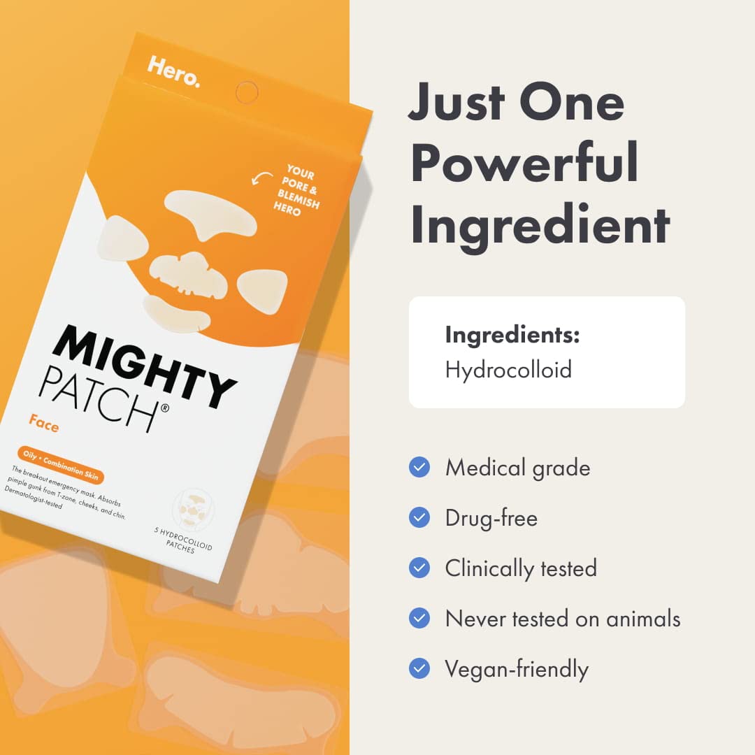 Mighty Patch Face XL patch on the right cheek blends with skin for multi-zone care.